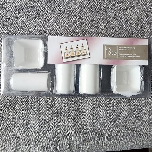 13 Piece Porcelain Snack Set with Rectangle Nature Slate Tray - Picture 3 of 9